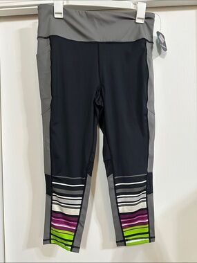 LuLaRoe Fearless Black  and Gray Capri Leggings with Pink, Purple & Lime Stripe